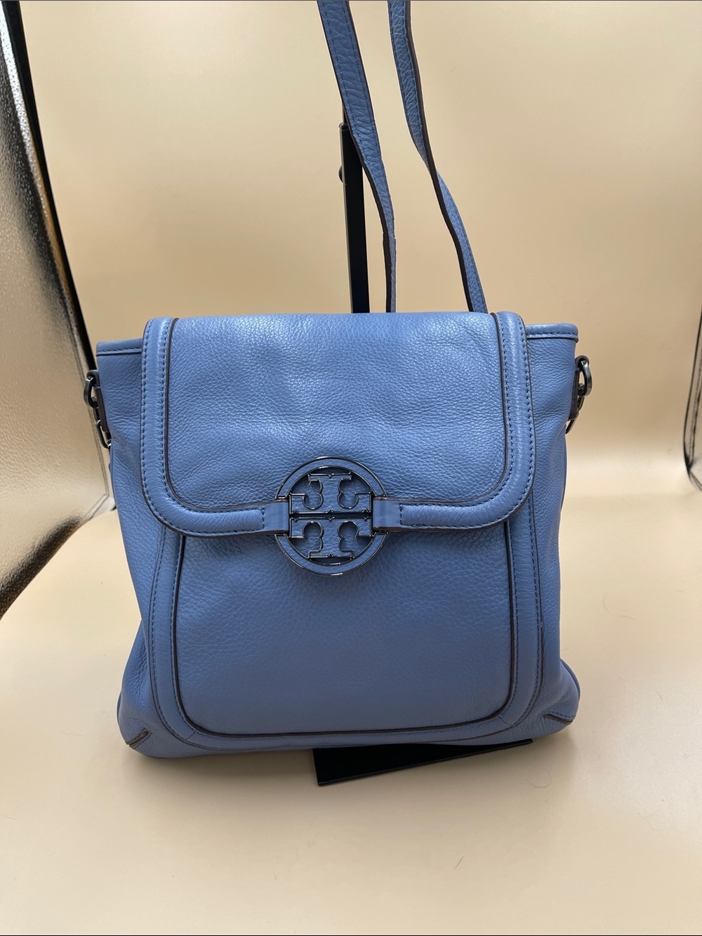 Tory Burch Beautiful Blue Pebbled Leather Crossbody with Gunmetal hardware